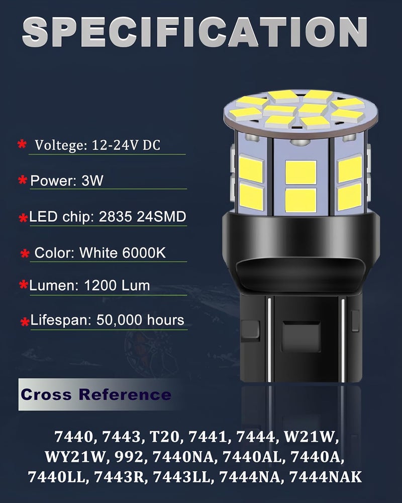 LEDYOTRY مصباح LED 7443 7440، ساطع للغاية 7444 7441 W21W T20 مصابيح بديلة لأضواء الرجوع للخلف، أضواء الفرامل، أضواء الذيل، أضواء التشغيل النهارية أو أضواء الانتظار، بيضاء (عبوة من 4)  - Image 2